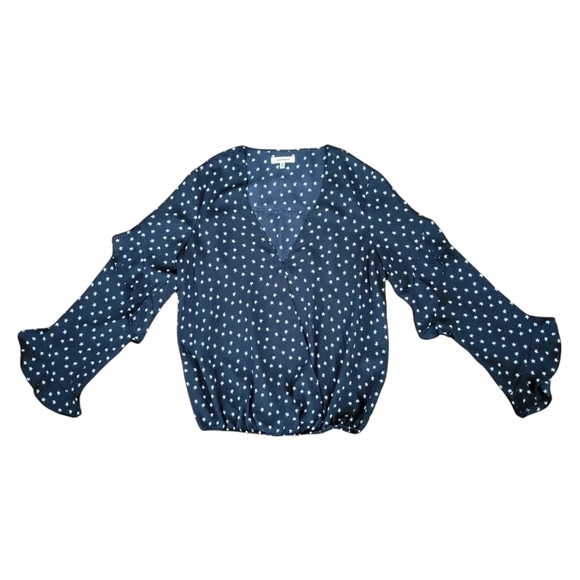Max Studio blue star print ruffle sleeve crepe surplice blouse- size S - Picture 7 of 10